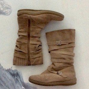 Beige Suede Side Zip Boots with Straps & Buckles